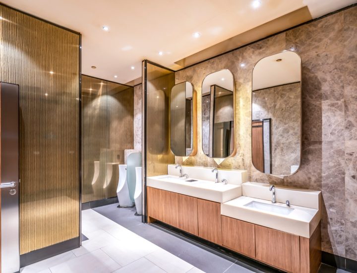 Contemporary Bathroom showing bathroom fixtures and three vanity mirror